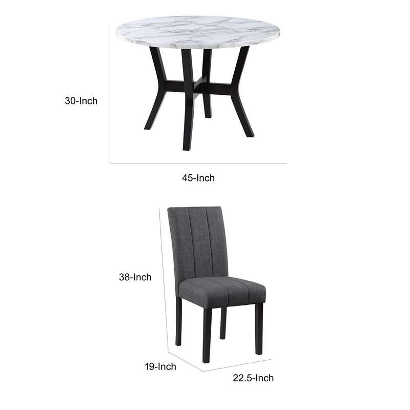 Benjara 5 Piece Dining Table and Chairs Set- Black Wood- Fabric- Faux Stone Top