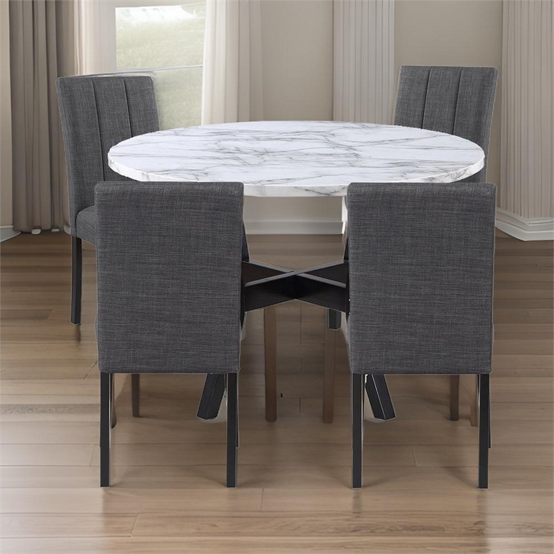 Benjara 5 Piece Dining Table and Chairs Set- Black Wood- Fabric- Faux Stone Top