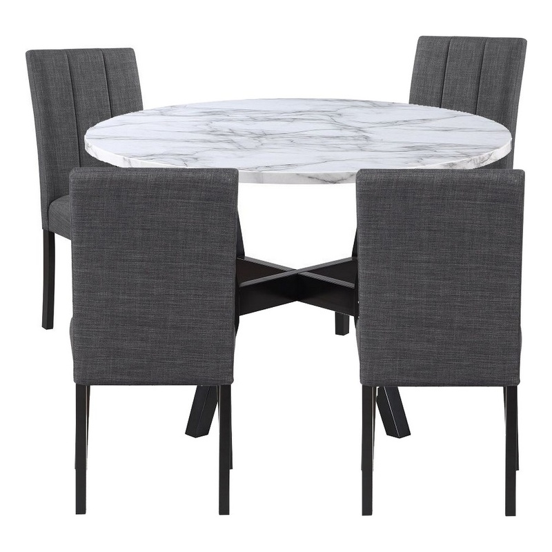 Benjara 5 Piece Dining Table and Chairs Set- Black Wood- Fabric- Faux Stone Top