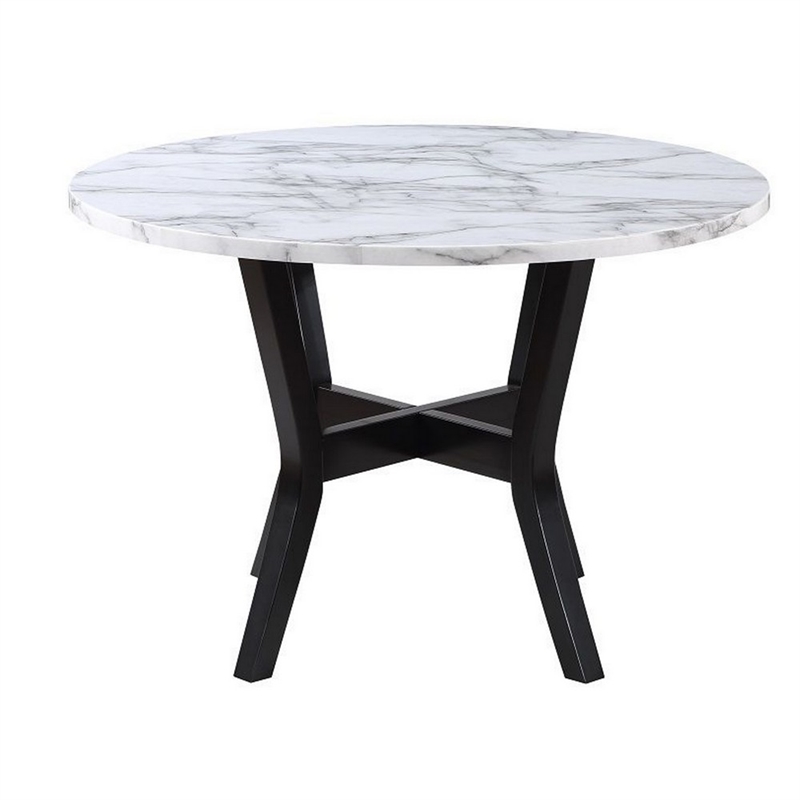 Benjara 5 Piece Dining Table and Chairs Set- Black Wood- Fabric- Faux Stone Top