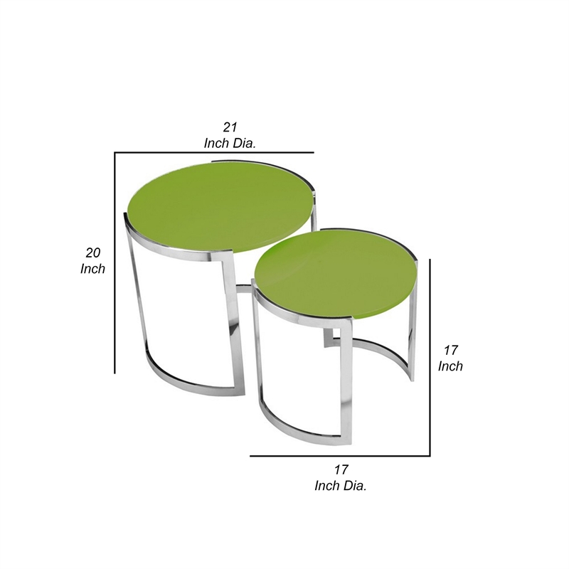 Benjara Niyo Set of 2 Nesting Side End Tables-Round Green Solid Wood Tops-Silver