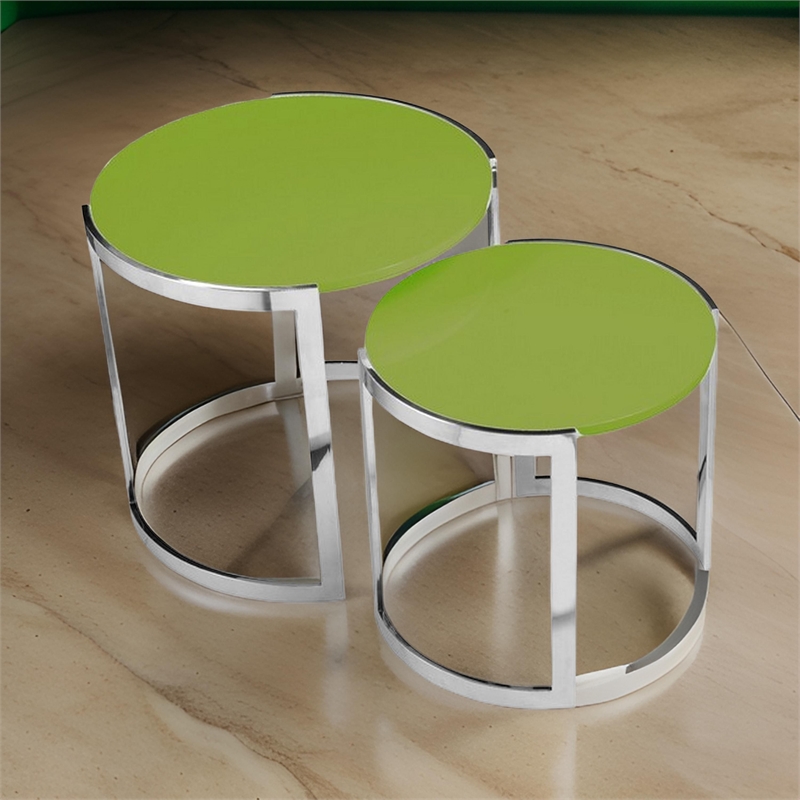Benjara Niyo Set of 2 Nesting Side End Tables-Round Green Solid Wood Tops-Silver