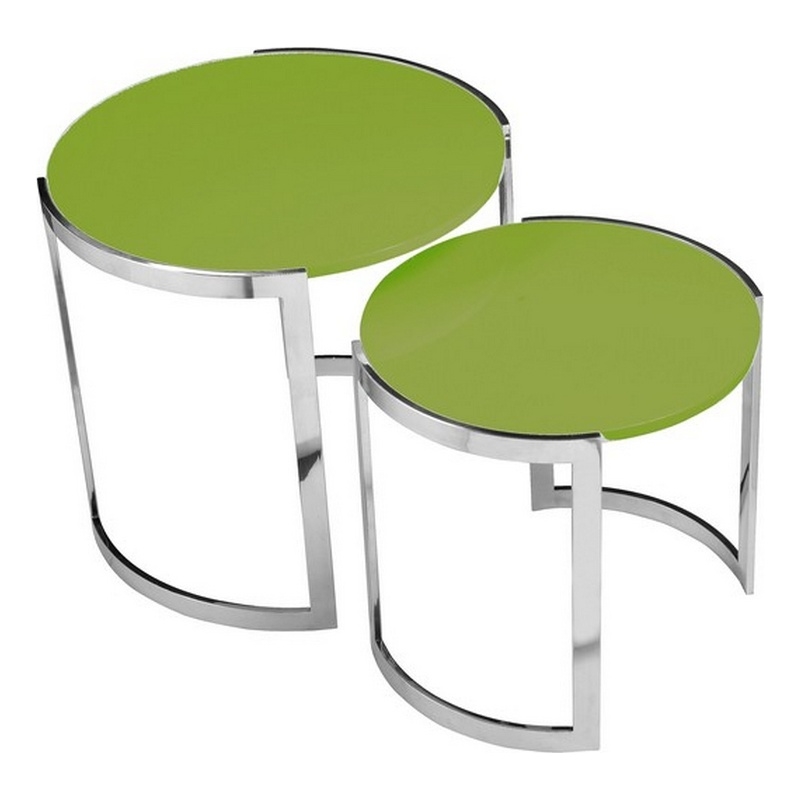 Benjara Niyo Set of 2 Nesting Side End Tables-Round Green Solid Wood Tops-Silver