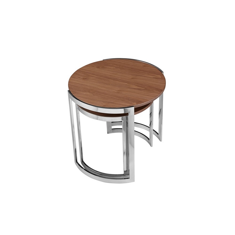 Benjara Niyo Set of 2 Nesting Side End Tables-Round Brown Solid Wood Tops-Silver