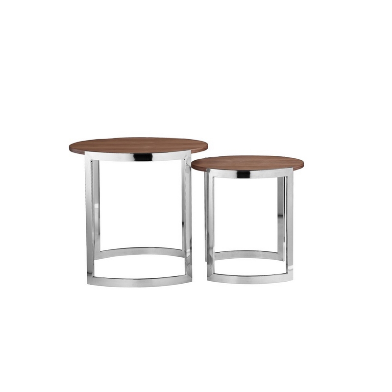Benjara Niyo Set of 2 Nesting Side End Tables-Round Brown Solid Wood Tops-Silver