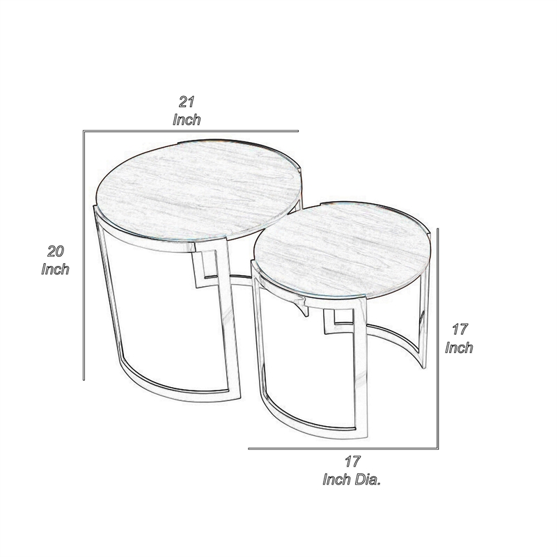 Benjara Niyo Set of 2 Nesting Side End Tables-Round Brown Solid Wood Tops-Silver