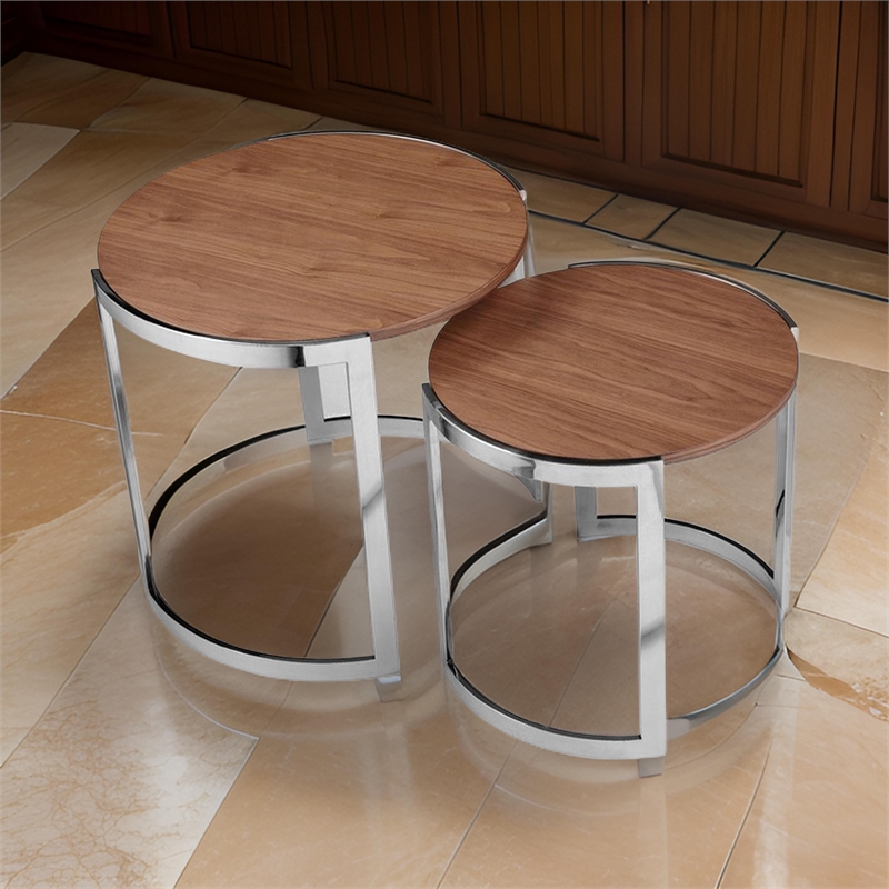 Benjara Niyo Set of 2 Nesting Side End Tables-Round Brown Solid Wood Tops-Silver