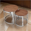 Benjara Niyo Set of 2 Nesting Side End Tables-Round Brown Solid Wood Tops-Silver