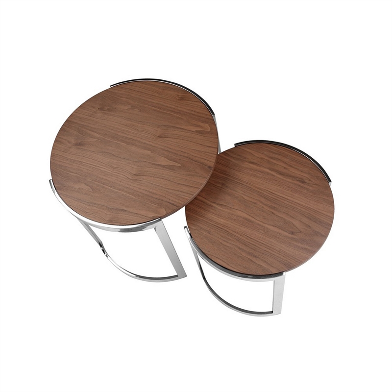 Benjara Niyo Set of 2 Nesting Side End Tables-Round Brown Solid Wood Tops-Silver