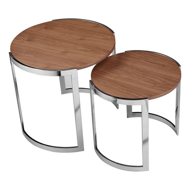 Benjara Niyo Set of 2 Nesting Side End Tables-Round Brown Solid Wood Tops-Silver