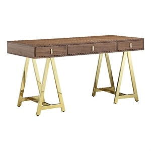 Benjara Ile 55&quot Desk with 3 Storage Drawers- Brown Wood Veneer- Gold Metal