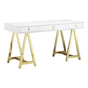 Benjara Ile 55&quot Desk with 3 Storage Drawers- White Wood Veneer- Gold Metal