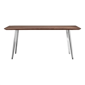 Benjara Hle 71&quot Dining Table- Rectangular Walnut Brown Wood Top- Steel Legs