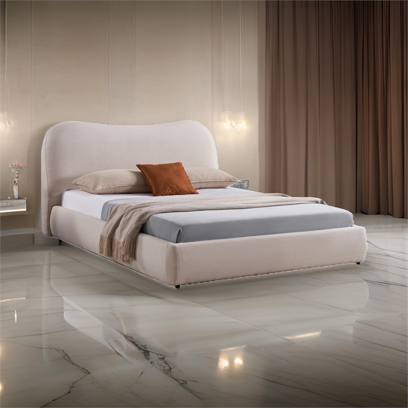 Benjara Diy California King Bed-Low Profile Camelback Headboard-Ivory Upholstery