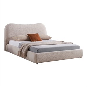 Benjara Diy California King Bed-Low Profile Camelback Headboard-Ivory Upholstery