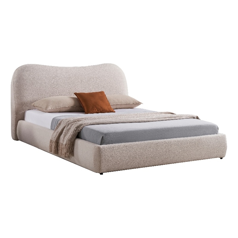 Benjara Diy California King Bed-Low Profile Camelback Headboard-Ivory Upholstery
