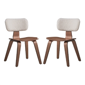 Benjara Aon 22&quot Side Dining Chair Set of 2- Curved- White Boucle- Walnut Brown