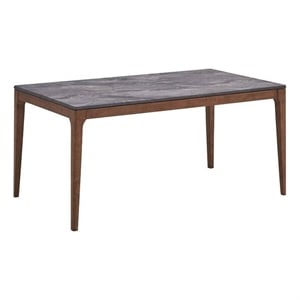 Benjara Evis 63&quot Dining Table- Marble Grain Faux Stone Top- Walnut Brown Wood