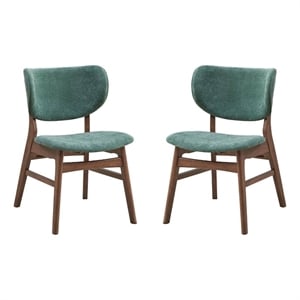 Benjara Evis 23&quot Side Dining Chair Set of 2- Walnut Brown- Soft Green Fabric