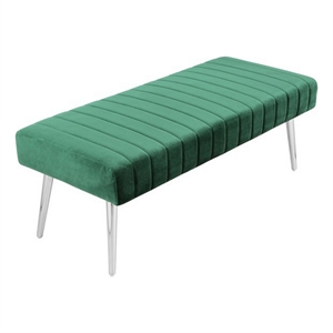 Benjara Lida 45&quot Bench- Modern Tufted Lines- Green Soft Velvet- Chrome Metal