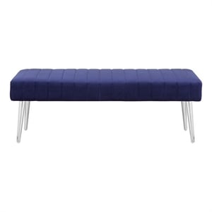 Benjara Lida 45&quot Bench- Modern Tufted Lines- Blue Soft Velvet- Chrome Metal