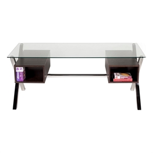 Benjara Tia 71&quot Large Office Desk- Glass Tempered Top- 4 Drawers- Dark Brown