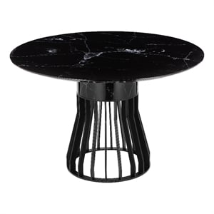 Benjara Jett 47&quot Dining Table- Round Marble Top- Metal Cage Frame Base- Black