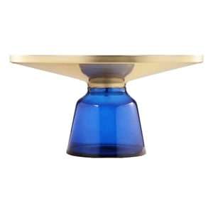 Benjara Len 30&quot Coffee Table- Blue Blown Glass Bell Base- Funnel Top Gold Steel