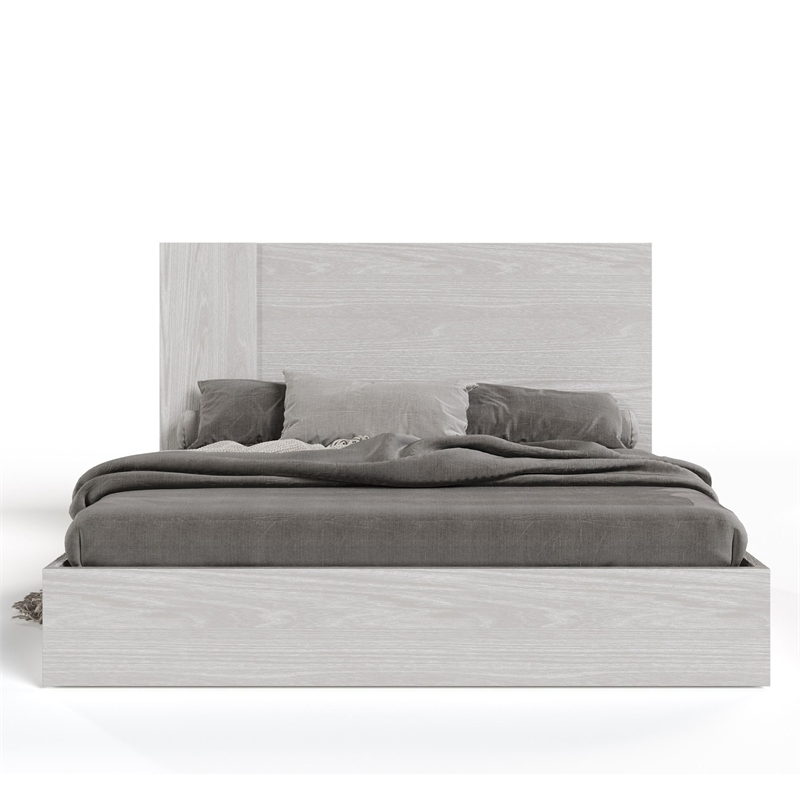 Benjara Noe Zid King Size Platform Bed- Panel Headboard- White Finish- Modern