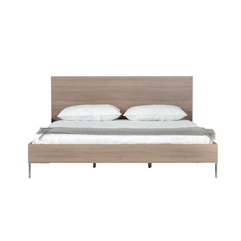 Benjara Noe Billy Queen Size Platform Bed-Panel Headboard-Brown Oak-Steel Metal