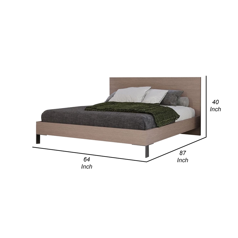 Benjara Noe Billy Queen Size Platform Bed-Panel Headboard-Brown Oak-Steel Metal