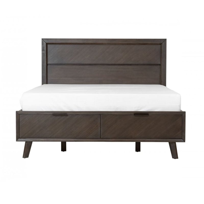 Benjara Cid Vein Queen Size Platform Bed-Panel Headboard-2 Drawers-Brown Acacia