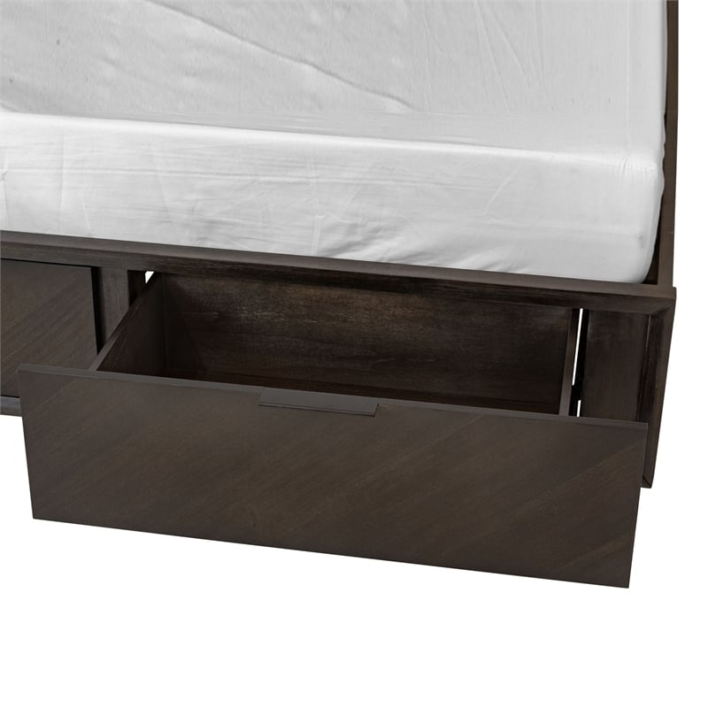 Benjara Cid Vein Queen Size Platform Bed-Panel Headboard-2 Drawers-Brown Acacia