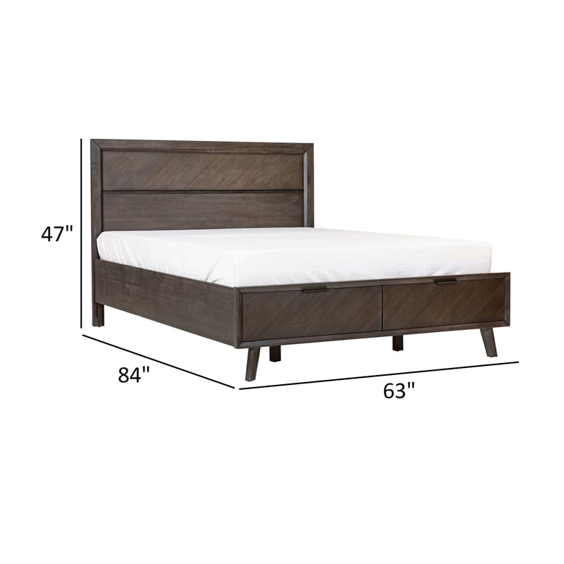 Benjara Cid Vein Queen Size Platform Bed-Panel Headboard-2 Drawers-Brown Acacia