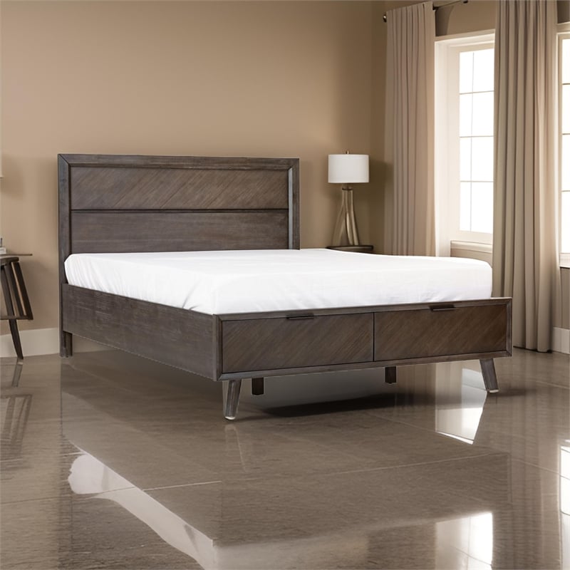 Benjara Cid Vein Queen Size Platform Bed-Panel Headboard-2 Drawers-Brown Acacia