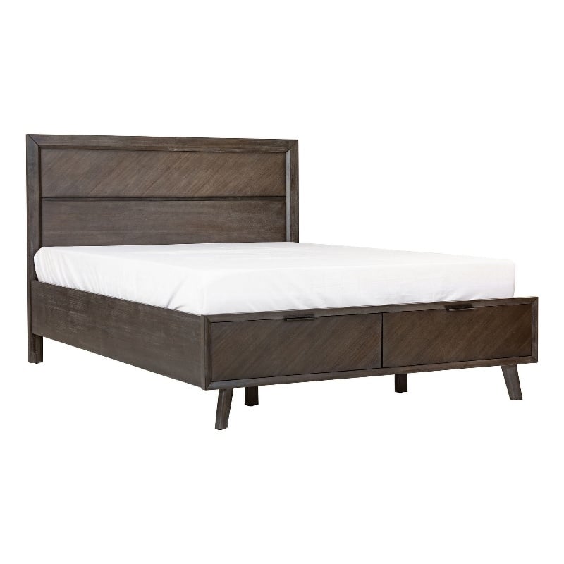 Benjara Cid Vein Queen Size Platform Bed-Panel Headboard-2 Drawers-Brown Acacia