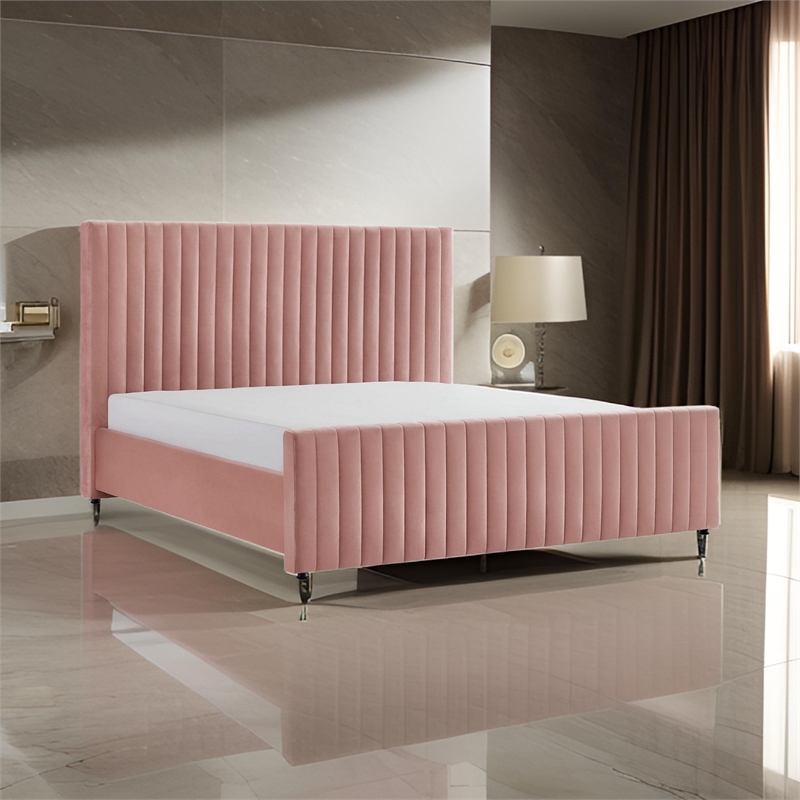 Benjara Tini King Platform Bed- Vertical Channel Tufted Upholstery- Pink