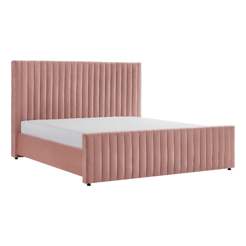 Benjara Tini King Platform Bed- Vertical Channel Tufted Upholstery- Pink
