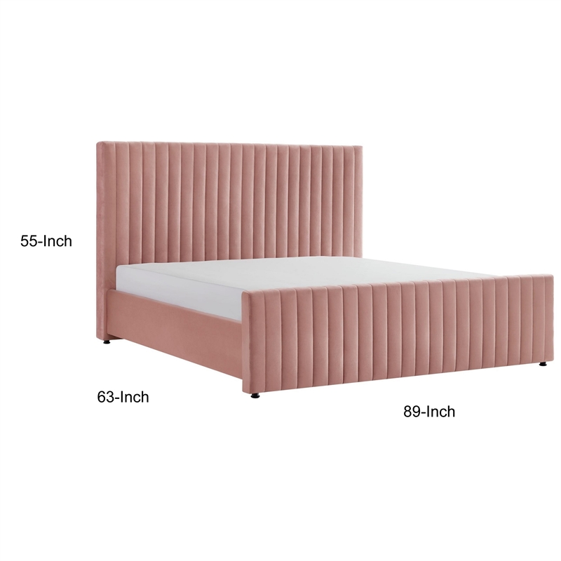 Benjara Tini Queen Platform Bed- Vertical Channel Tufted Upholstery- Pink