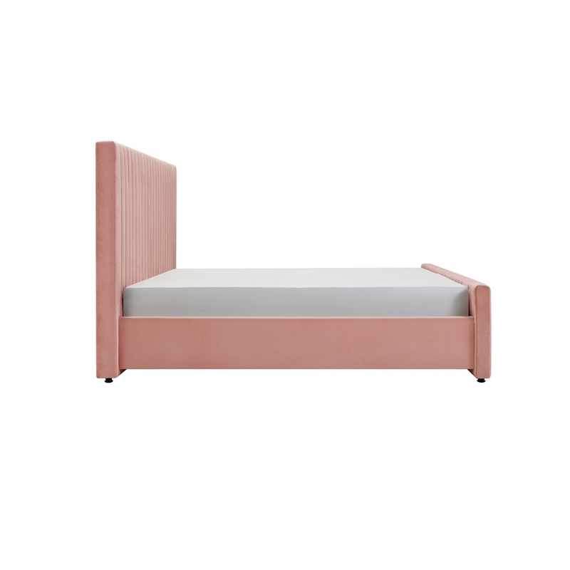 Benjara Tini Queen Platform Bed- Vertical Channel Tufted Upholstery- Pink