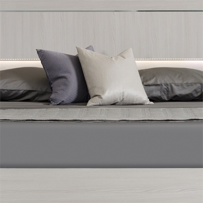 Benjara Cid Aiza Queen Platform Bed- LED Lighted Headboard- Chrome Acrylic- Gray