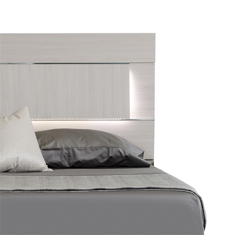 Benjara Cid Aiza Queen Platform Bed- LED Lighted Headboard- Chrome Acrylic- Gray