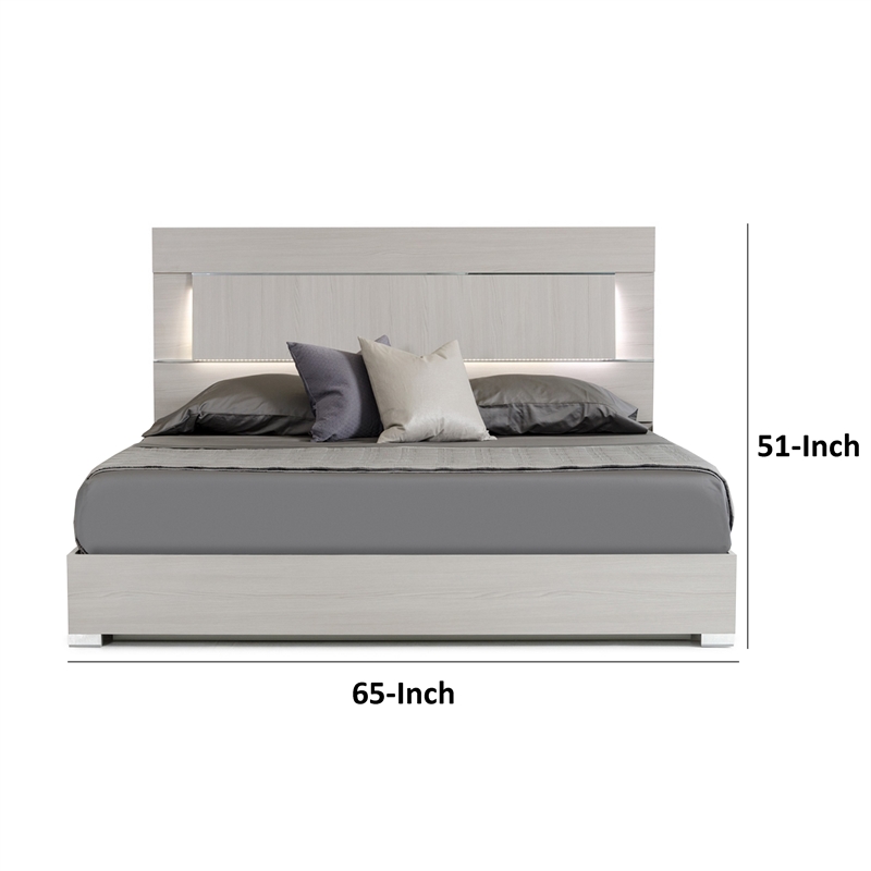 Benjara Cid Aiza Queen Platform Bed- LED Lighted Headboard- Chrome Acrylic- Gray