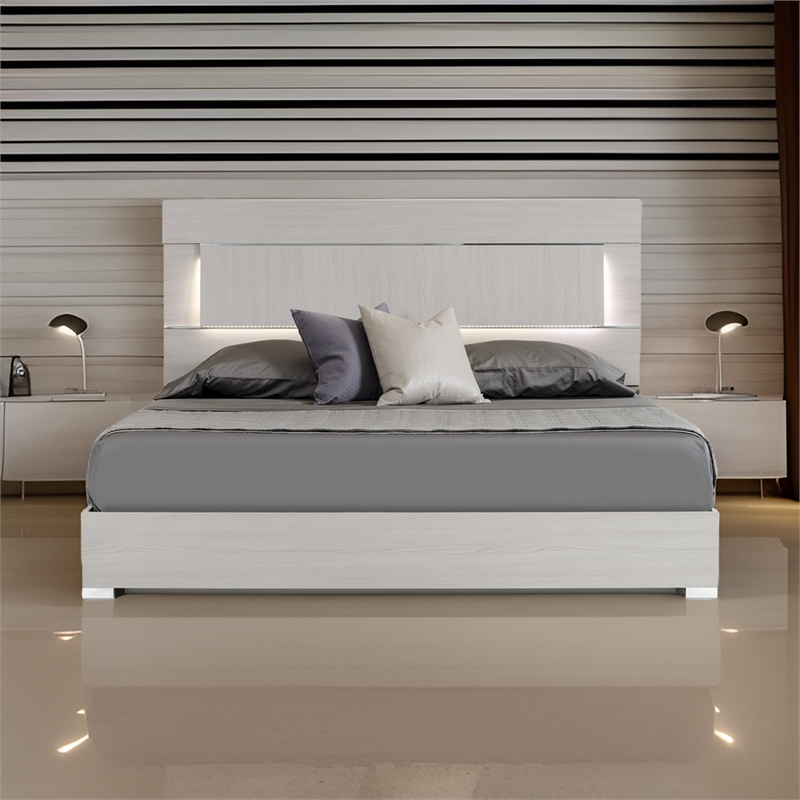 Benjara Cid Aiza Queen Platform Bed- LED Lighted Headboard- Chrome Acrylic- Gray