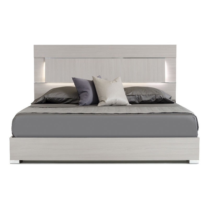 Benjara Cid Aiza Queen Platform Bed- LED Lighted Headboard- Chrome Acrylic- Gray