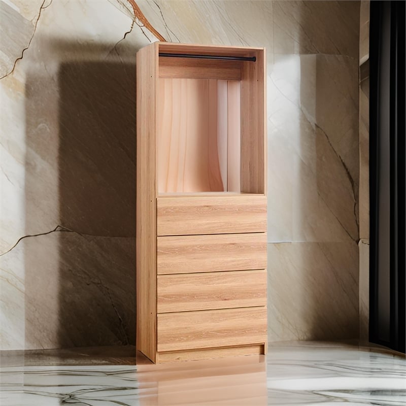 Benjara Dee Modular Closet System- 1 Metal Hanging Rod and 4 Drawers- Oak Brown