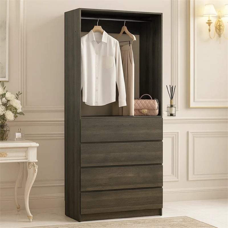 Benjara Dee Modular Closet System- 1 Metal Hanging Rod & 4 Drawers- Black Finish