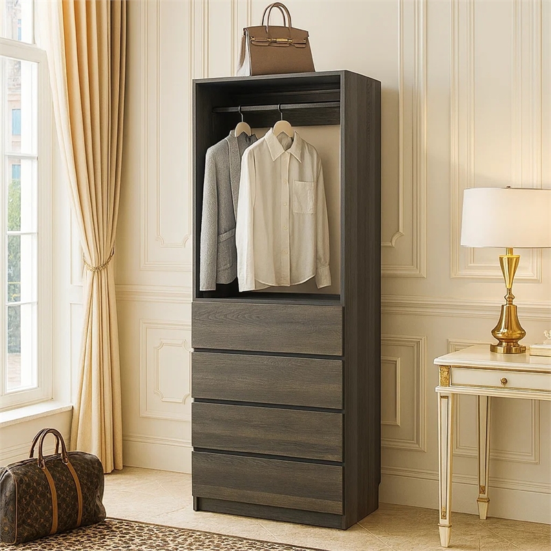 Benjara Dee Modular Closet System- 1 Metal Hanging Rod & 4 Drawers- Black Finish