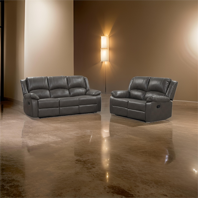 Benjara Lizzy Sofa and Loveseat Set- Manual Reclining- Solid Wood- Gray Leather