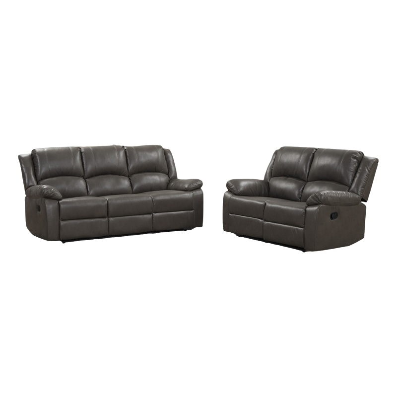 Benjara Lizzy Sofa and Loveseat Set- Manual Reclining- Solid Wood- Gray Leather